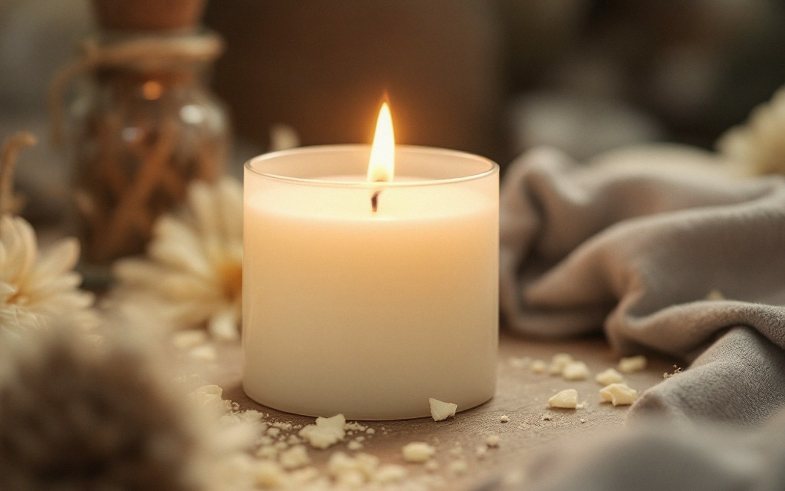 A lit white candle in a glass jar surrounded by dried flowers and soft fabric