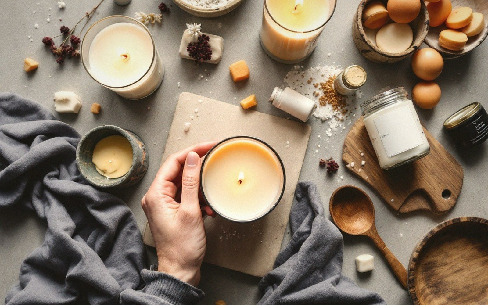 A hand holds a lit candle surrounded by jars, eggs, dried flowers and a wooden spoon