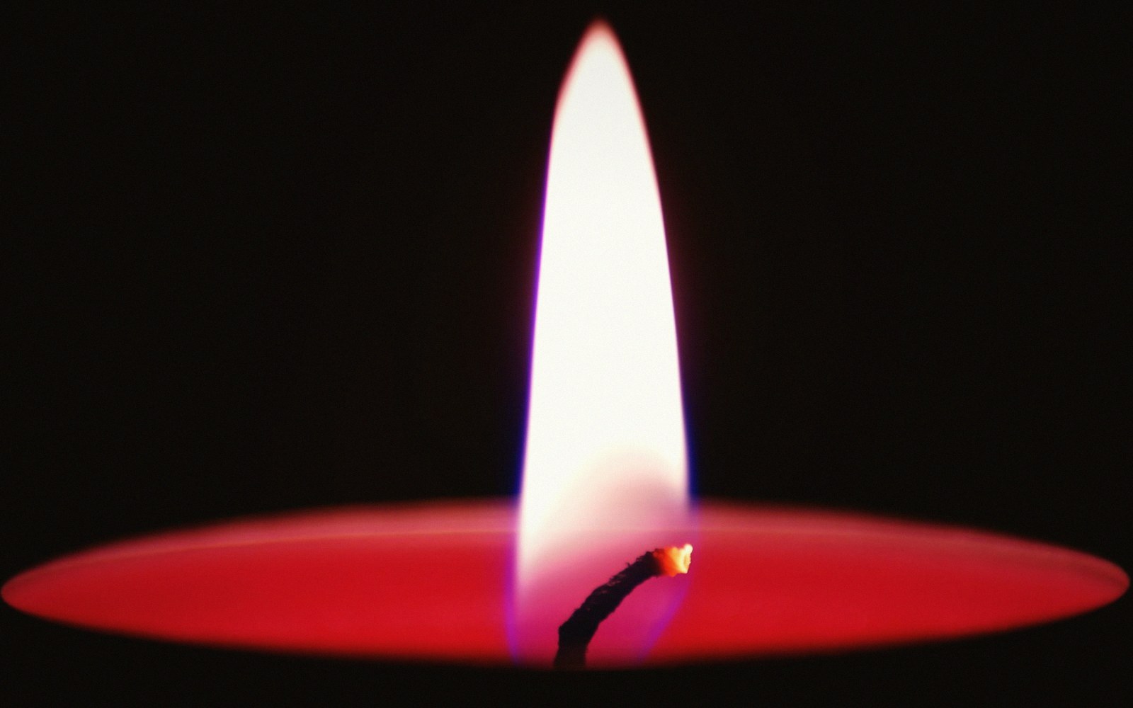 Close-up of a lit candle wick with a tall flame against a dark background